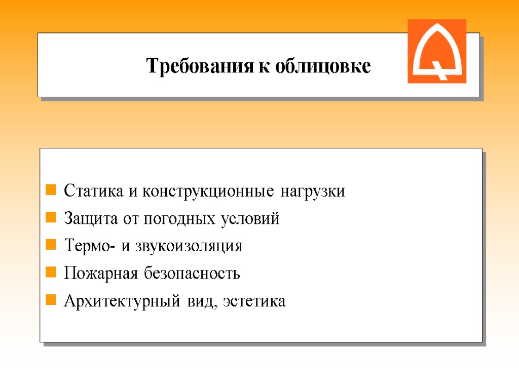 Требования к облицовке Статика и конструкционные нагрузки Защита от погодных условий Термо- и звукоизоляция